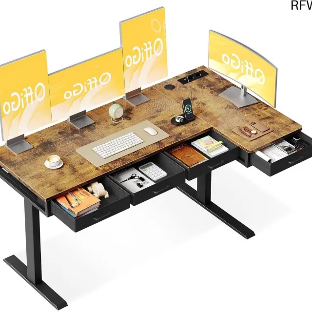 RFWR Verstelbaar L-vormig bureau 160cm met 4 laden en stopcontact voor thuis en kantoor Bruin