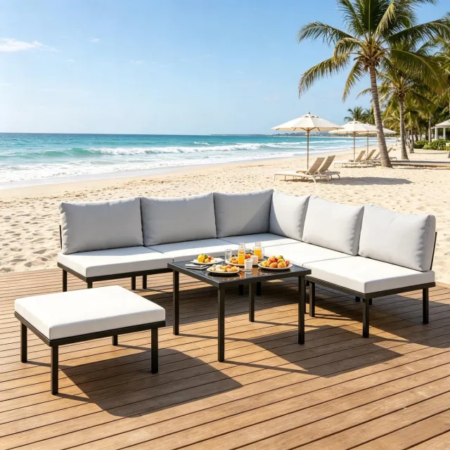Zubaliya Lounge-Set - met verstelbare rugleuning - inclusief kussens - weerbestendig - kleur black,light gray - metaal - hout