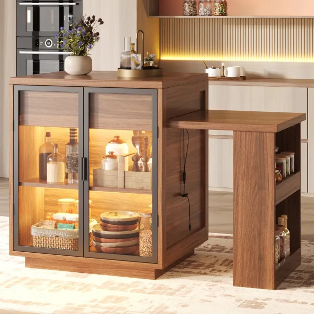 HAUSS SPOLE Eettafel - Uitschuifbaar met Kast en Lade - Keukeneiland met Ledverlichting - Mdf en Metaal - 122 tot 194,5 x 70 x 94 cm - Donkerbruin