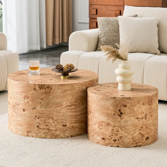 CHICFURN Salontafel - 2-delige set - opbergruimte - rond - houtkleur