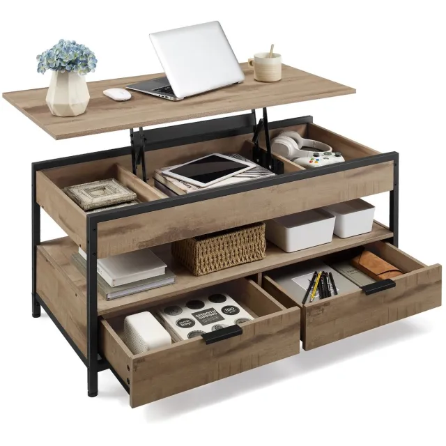 Stervia Uitklapbare Salontafel - Bijzettafel - Salontafel Met Opbergruimte - In Hoogte Verstelbaar - Zwart/Taupe - 50x100 x (48-63)cm