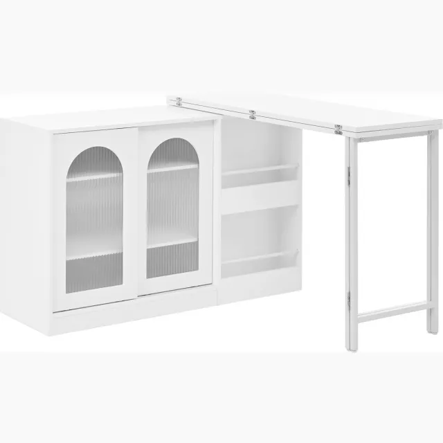 Merax Bartafel Wit - Uitklapbare Bartafel met 360° Draaifunctie - Keukentafel met Opbergruimte en Glazen Deur - Industriële Bar Tafel en Sideboard - 121x40x77 cm