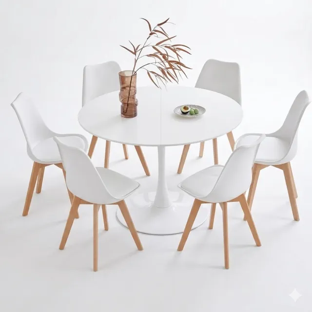 Solvix Eettafel – Eetkamerstoelen Set van 6 – Eetkamerstoelen – Tafel – Ronde Eettafel met 6 Stoelen – Modern Design – Voor Eetkamer en Keuken – Wit/Zwart