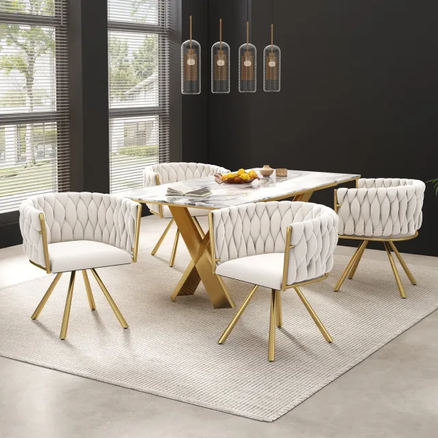 Welltin Eetkamerstoel - Set van 4 - Fluwelen kaptafelstoel, luxe draaistoel voor de slaapkamer, comfortabele draaistoel, vier metalen steunpoten - Beige