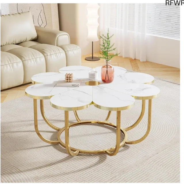 RFWR Moderne Bloemvormige Salontafel met Marmeren Blad en Gouden Frame Wit en Goud