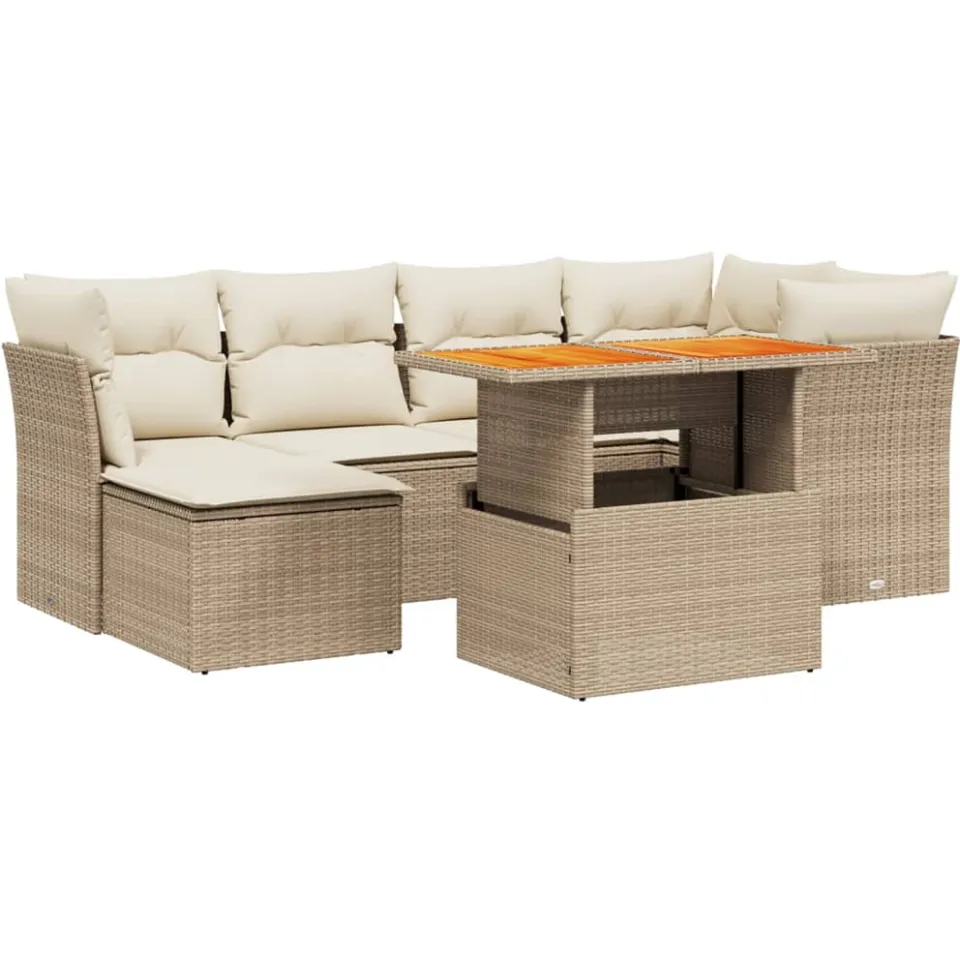 vidaXL 7-delige Loungeset met kussens poly rattan beige, foto 3