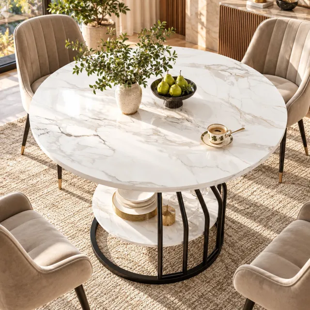 Mulder Living Eettafel - Ronde Eettafel - Keukentafel - 80x80x76 cm - Marmerpatroon Tafelblad - Met metalen poten - Inclusief een kleine opbergplank - Stevig en duurzaam - Keukentafel voor 1 tot 4 Personen - Ruimtebesparende - Wit / Zwart