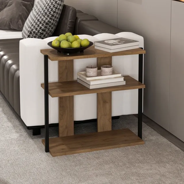 Minar Brandloop VELA Bijzettafel – 3 Niveaus – 80 cm Hoog – Houtlook Bruin