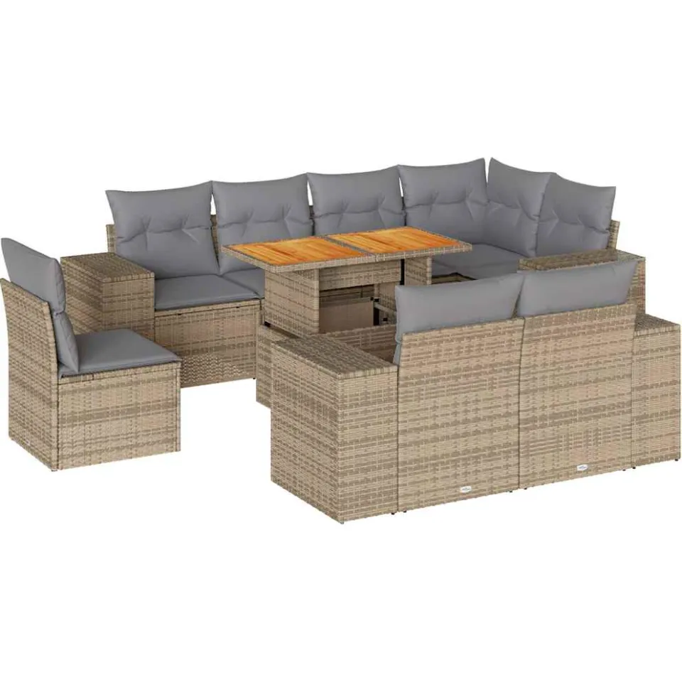 vidaXL 9-delige Loungeset met kussens poly rattan beige, foto 3