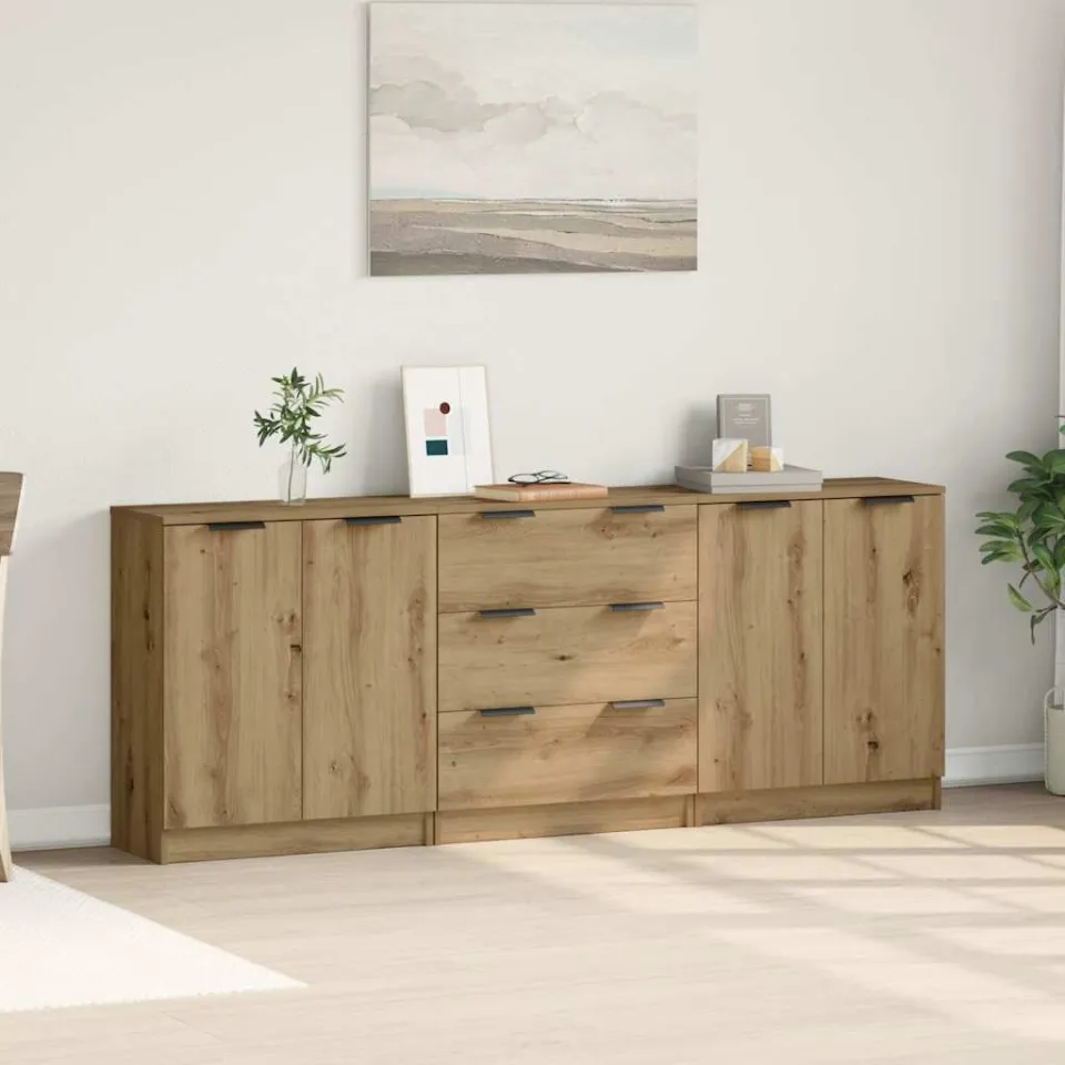 vidaXL Dressoirs 3 st 60x30x70 cm bewerkt hout artisanaal eikenkleurig, foto 2
