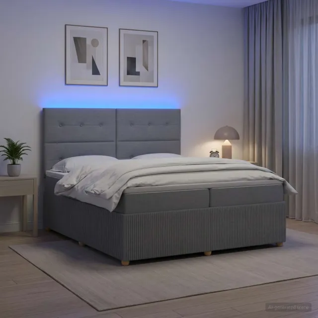 vidaXL LED Boxspring Bed met Matras Lichtgrijs 200 x 200 cm Stof
