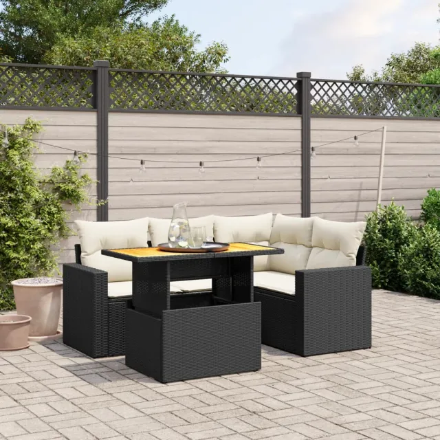 vidaXL 5-delige Loungeset met kussens poly rattan zwart, foto 2