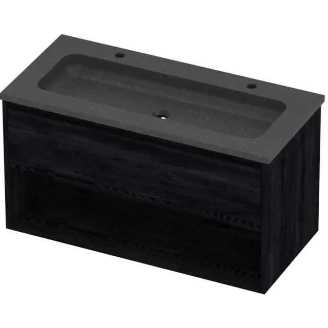Proline Rollo Badmeubelset Hardsteen Elegant 2 Gaten Schap 100x46x54 cm Blue Stone Black Oak Eiken