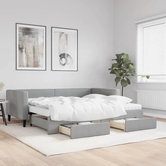 vidaXL Slaapbank met onderschuifbed en lades 90x190 cm stof lichtgrijs grijs
