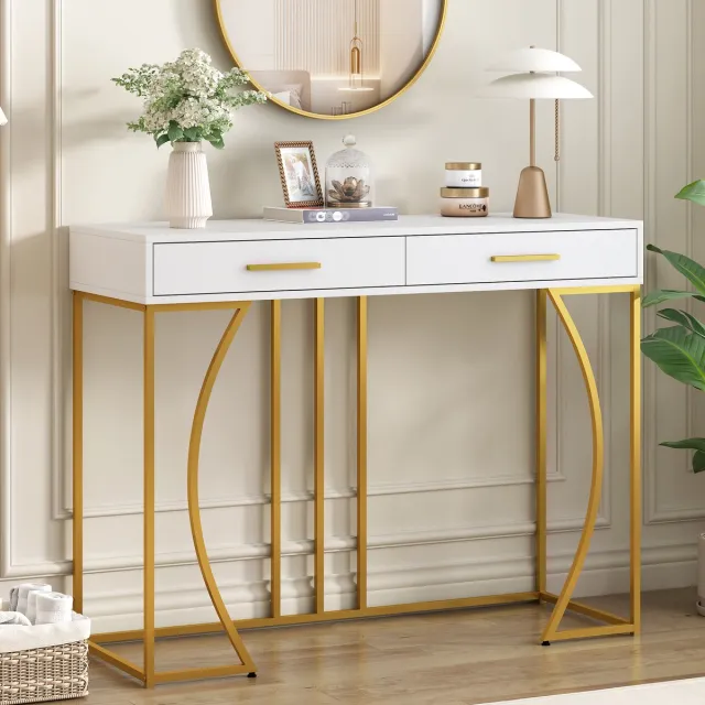 DESMIU Consoletafel - Elegant Metaal Met Lade En Gouden Handgrepen - Voor Hal En Woonkamer - MDF En Metaal - Wit - 110x32x85 Cm Wit,Goud