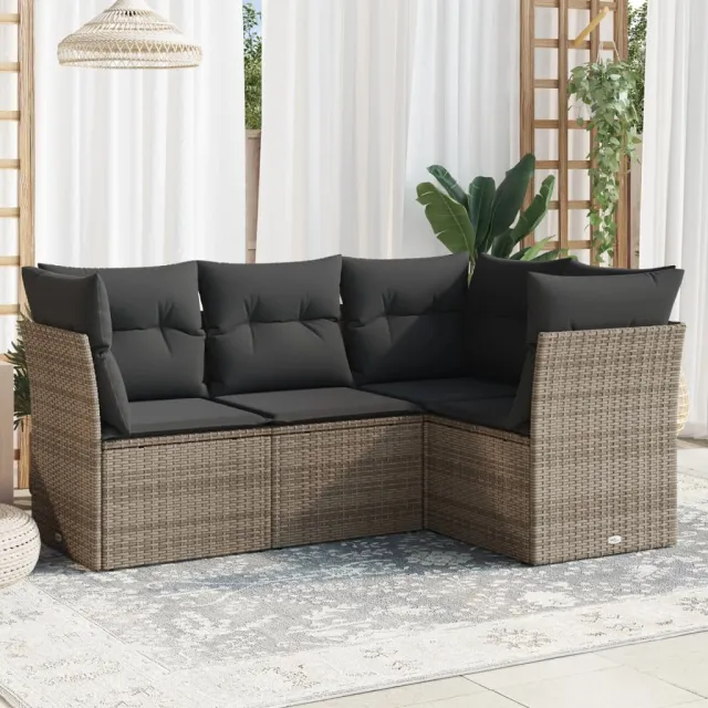 vidaXL 4-delige Loungeset met kussens poly rattan grijs