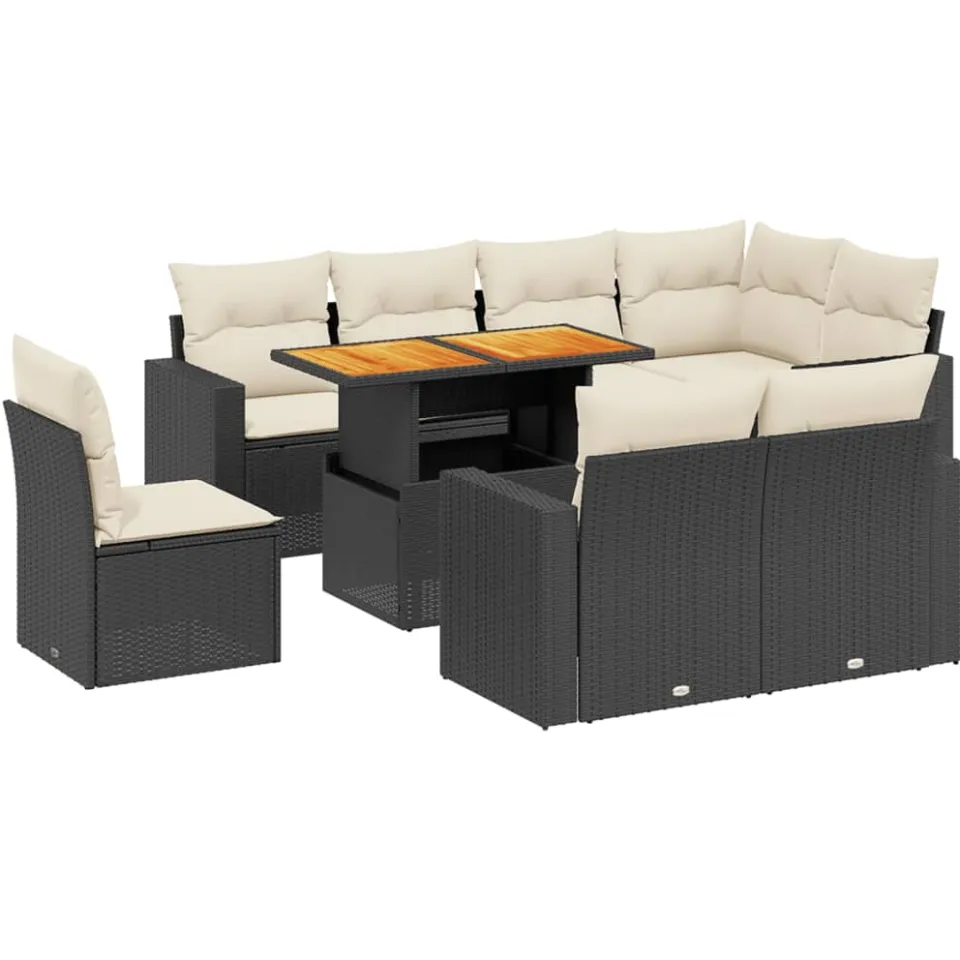 vidaXL 9-delige Loungeset met kussens poly rattan zwart