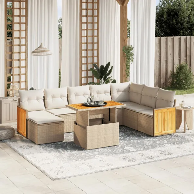 vidaXL 9-delige Loungeset met kussens poly rattan beige, foto 2