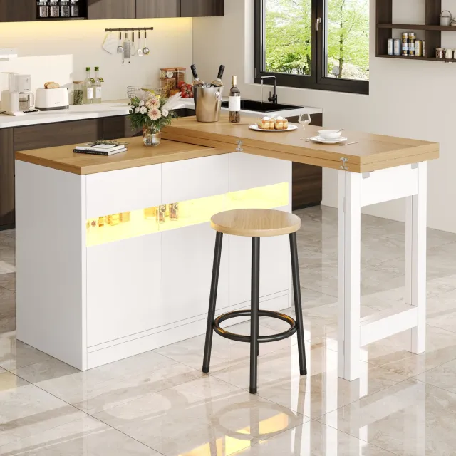 Maisentiel Uitschuifbare bartafel met LED-verlichting en opbergruimte - 120-180 cm - wit/naturel