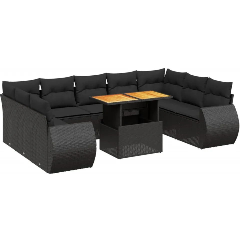 vidaXL 10-delige Loungeset met kussens poly rattan zwart, foto 3