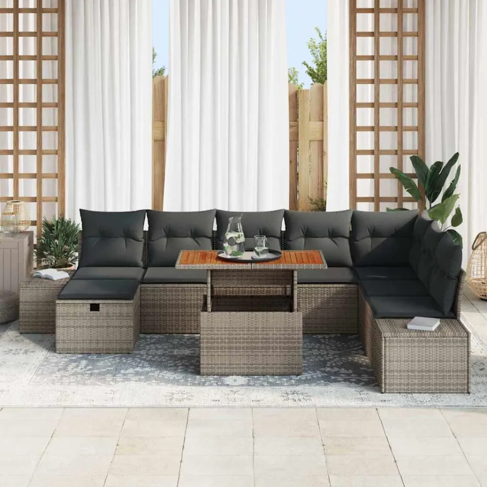 vidaXL Tuin Sofa Set 9 st Grijs Poly riet, foto 3