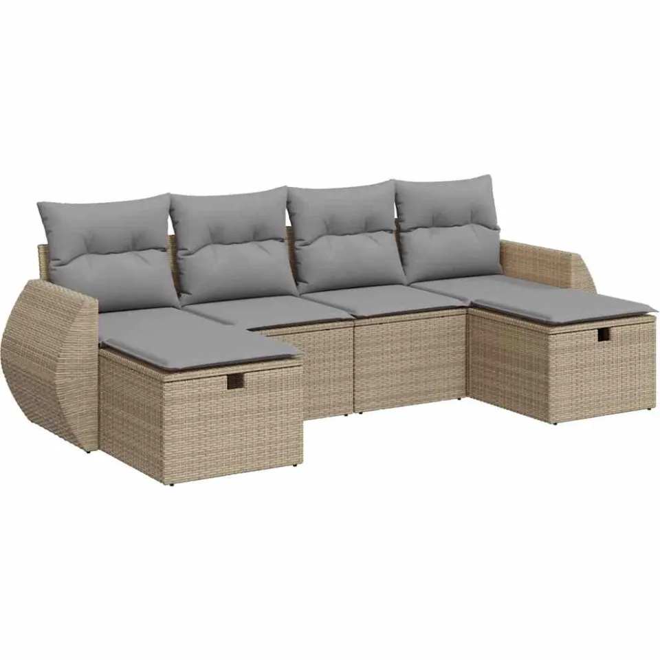 vidaXL 6-delige Loungeset met kussens poly rattan beige, foto 3