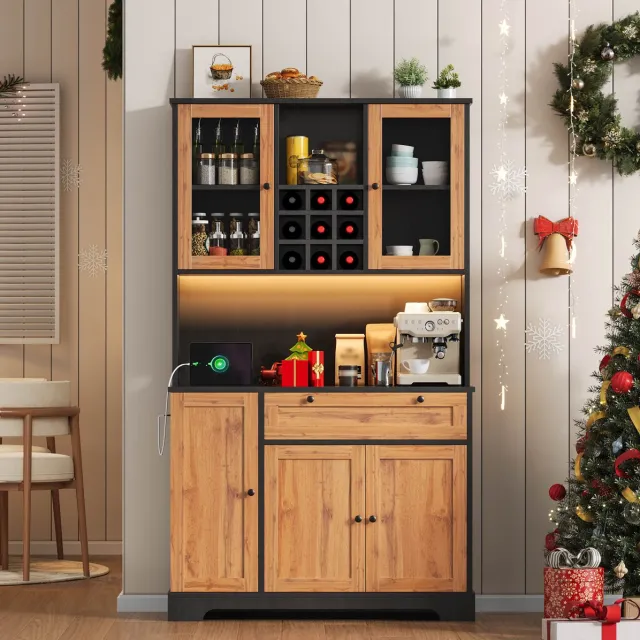 MEUNIQ Keukenkast 105 x 40 x 180 cm met 5 deuren, 1 lade, glazen vitrinedeuren, verstelbare planken, LED-verlichting, stopcontact en USB, zwart en naturel