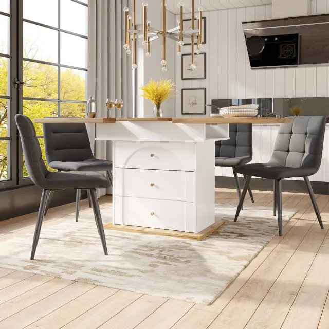 COVREO Eettafel 110-140x80x75 cm – wit/naturel MDF, uitschuifbaar, met verborgen opbergruimte