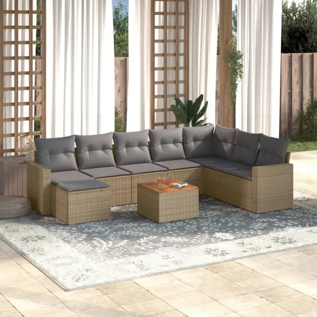 vidaXL 9-delige Loungeset met kussens poly rattan gemengd beige, foto 2