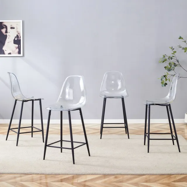 FloraGrace Barkruk Set Van 4 – Transparante Zitting Met Rugleuning – Metalen Onderstel In Zwart – Voor Keuken, Bar En Eetkamer – Kunststof