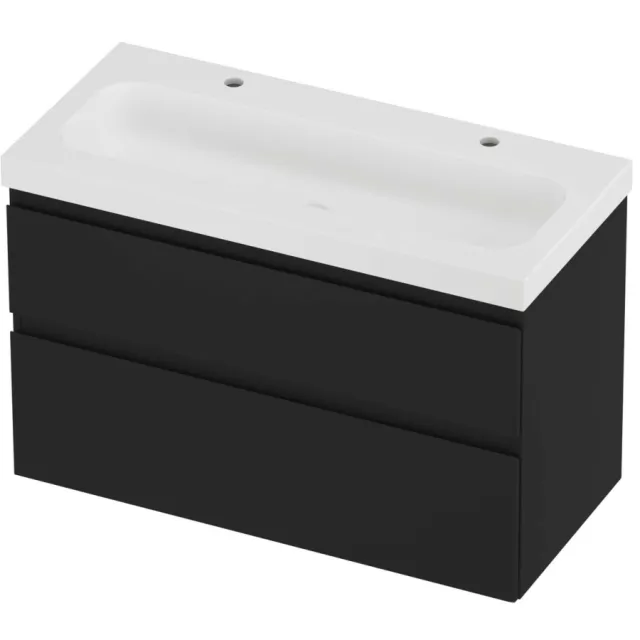 Proline Haga Badmeubelset Polystone Mezza 2 Kraangaten 100x46x66 cm Mat White Mat Zwart