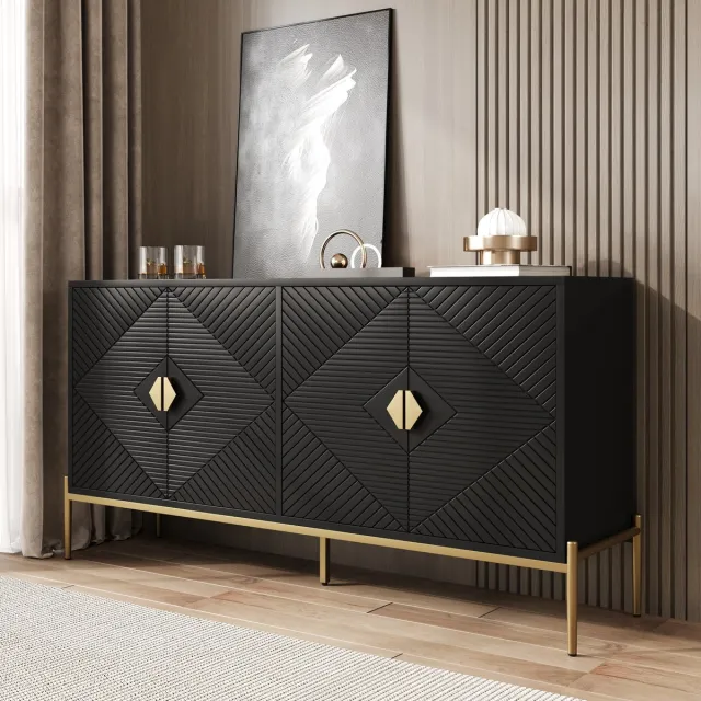 REDOM Sideboard - Geometrische deuren - Vierdeurs opbergkast - Met metalen poten - Mid-century-modern stijl - Woonkamer - MDF - Zwart - 162 x 40 x 80 cm