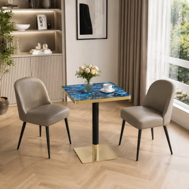 FloraGrace Eettafel - Vierkant Marmerlook Blad Met Gouden Rand - Voor Woonkamer En Bistro - MDF En Metaal - Blauw - 60x60x74 Cm