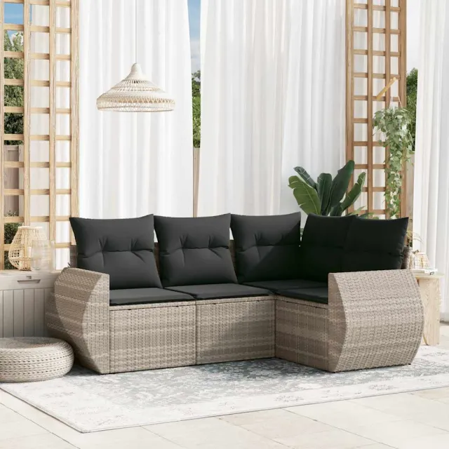 vidaXL 4-delige Loungeset met kussens poly rattan lichtgrijs grijs, foto 2