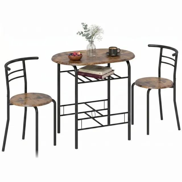 Homcom eettafelset 3-delig MDF metaal - Keukentafel met 2 stoelen industrieel - Rustiek bruin