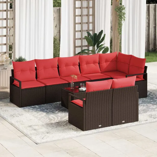 vidaXL Tuinbankenset 9 st Bruin en Rood poly rattan, foto 2