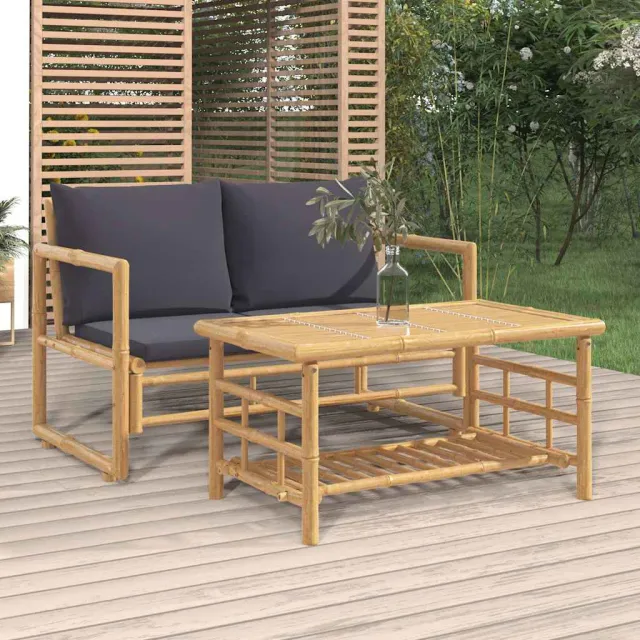 vidaXL 2-delige Loungeset met kussens bamboe donkergrijs grijs, foto 2