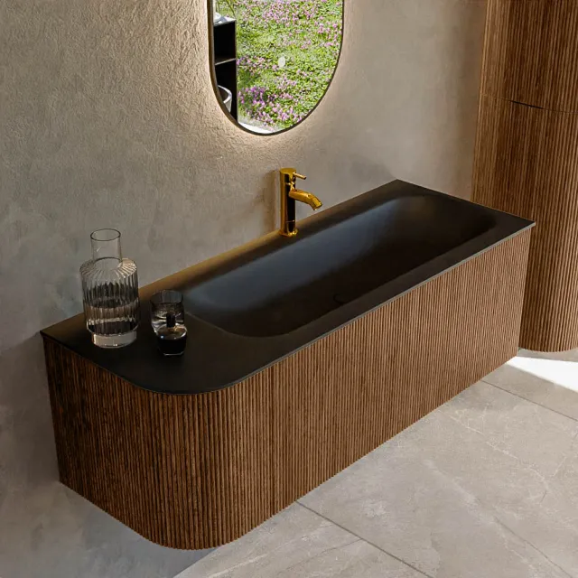 Mondiaz KURVE 125 cm Onderkast Greeploos 1 Lade Met Deuren Walnut, Wastafel Solid Surface Rechts Urban 1 Kraangat Zonder Spiegel (KRVBGM125L1L1D1KR-Wal/Urb)