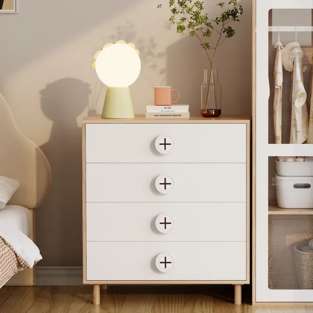 VVBV Nachtkastje / Nachtkastje met lades / Ladekast 80x54x90 cm – 4 Lades, Opbergruimte – voor Slaapkamer – MDF / Naturel/Wit