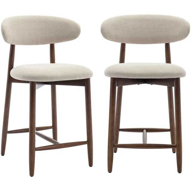 CreateEcom barkruk - set van 2 - kruk met rugleuning en voetsteun - Japanadi style - gestoffeerde zitting- massief houten poten - beige
