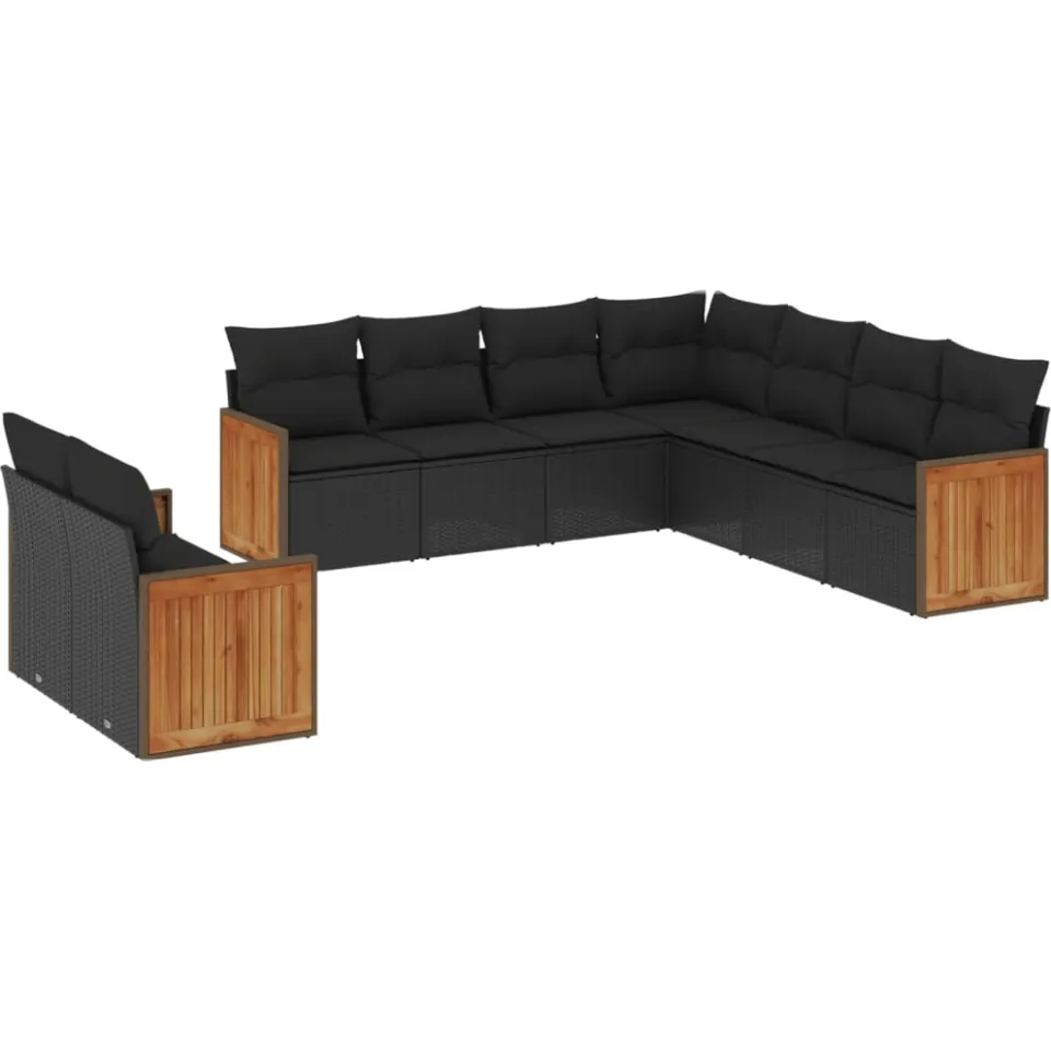 vidaXL 9-delige Loungeset met kussens poly rattan zwart, foto 3