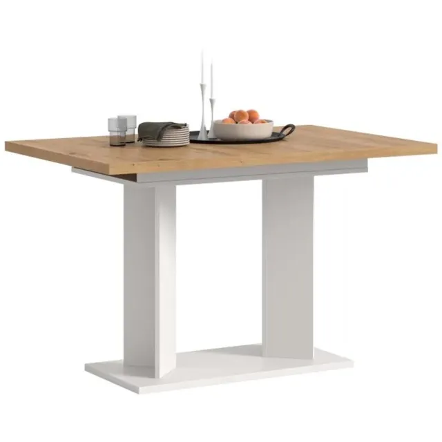 Furnilux Moderne eettafel in artisan eik en wit - Verstelbaar design met dubbele zuil
