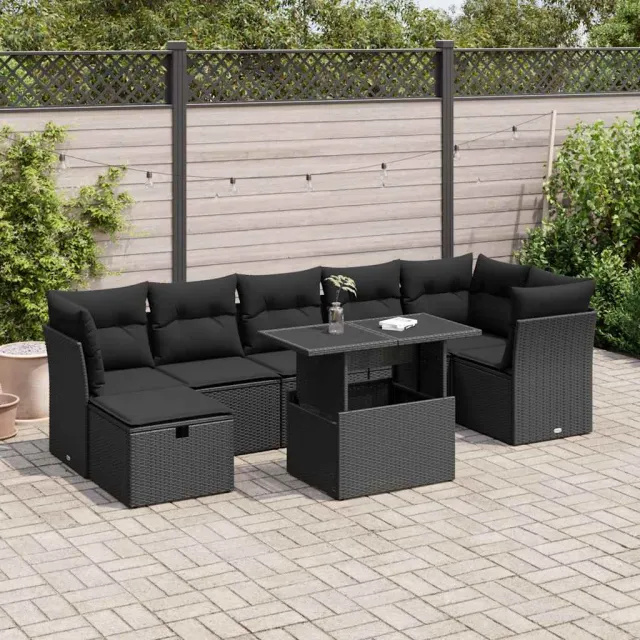 vidaXL 8-delige Loungeset met kussens poly rattan zwart, foto 2