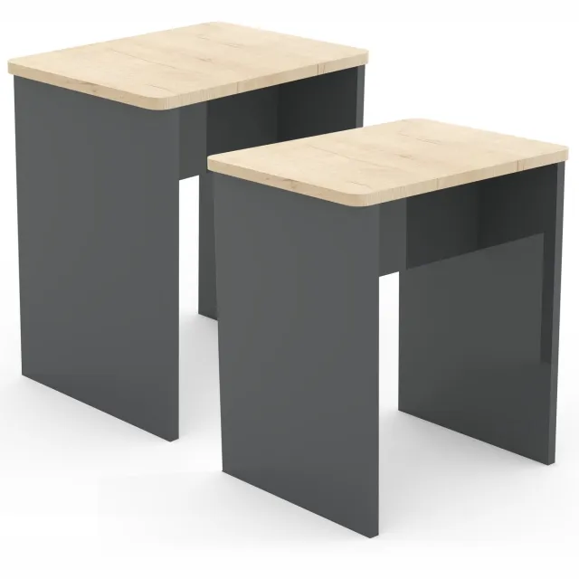 Vcm Set van 2 houten krukjes kubus voetensteun bijzettafel Esal Eik antraciet / honing