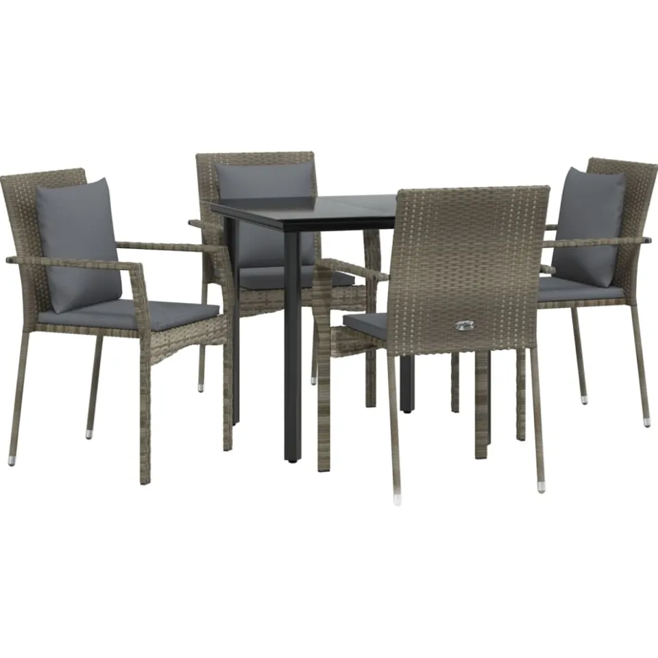 vidaXL 5-delige Tuinset met kussens poly rattan zwart en grijs