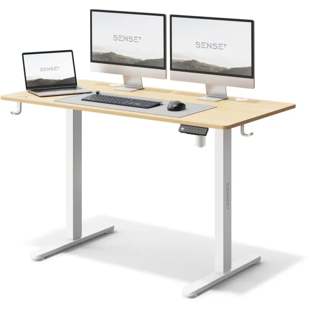 SENSE7 NOJO - Zit Sta Bureau - Elektrisch Verstelbaar - 120 x 60 cm - Computerbureau - Gamingbureau - Elektrische Hoogteverstelling - Geheugenfunctie - Hoofdtelefoonhouder - Kabelopbergsysteem - Wit / Lichtbruin