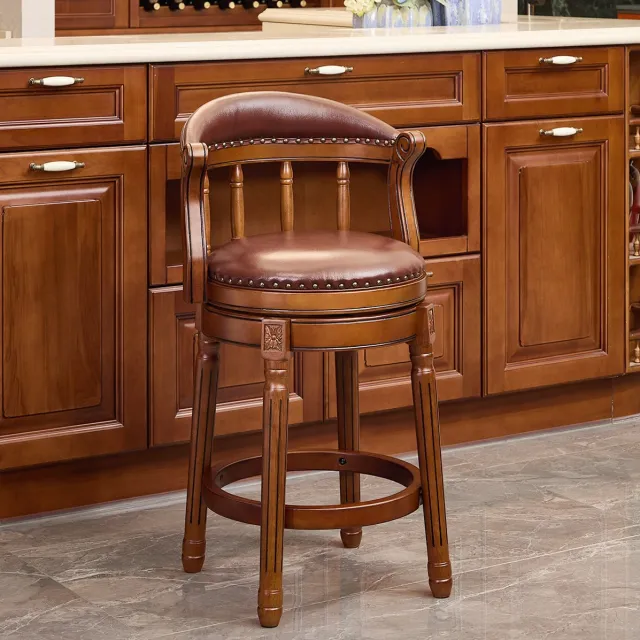 MEUNIQ barkruk van leer en hout, 360° draaibaar, met rugleuning en armleuningen, zithoogte 66 cm, voor keuken, woonkamer of bar, bruin Brown