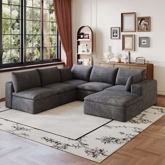HAUSS SPOLE Hoekbank - Modulaire Wolkenbank - Dubbel Laagontwerp En Afneembare Bekleding - Voor Woonkamer En Slaapkamer - Stof Donkergrijs