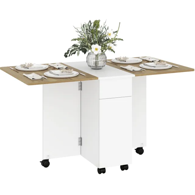 Lunpog Eettafel - Opklapbare - Uitschuifbare - Verplaatsbare eettafel - 6 zitplaatsen - met lades/kastjes - 140 x 76 x 74 cm - Wit