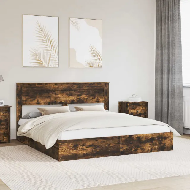 vidaXL Opslag bed met lade Gerookt eiken 180 x 200 cm Bewerkt hout Bruin